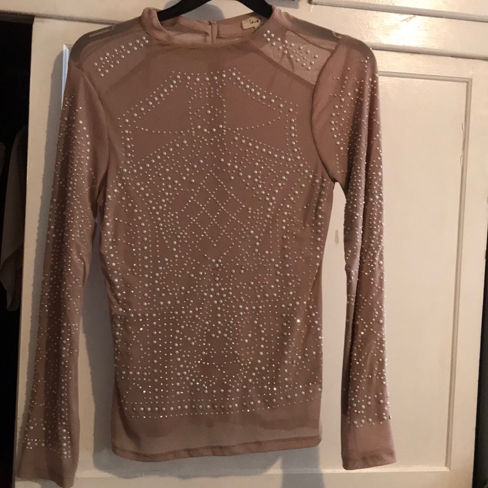 Long sleeve rhinestone mesh shirt